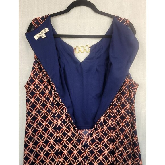 Chetta B Sleeveless Navy Orange Geometric Sheath Dress Gold Ring Detail Size 18 - Picture 7 of 9